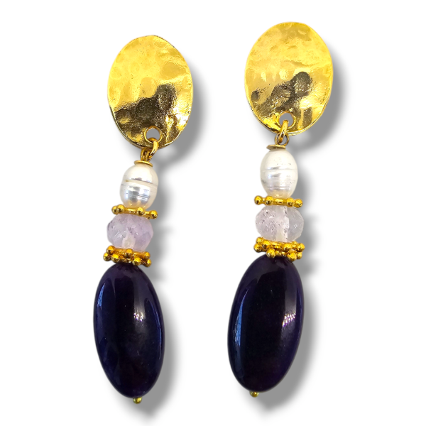 pendientes de piedra y perla morado